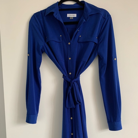 Calvin Klein Blue Shirt Dress with Gold Buttons - Picture 1 of 1